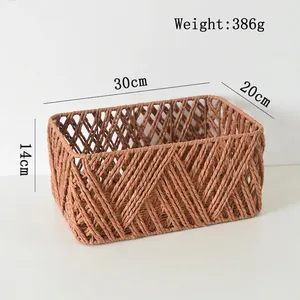 Detailed view of brown woven storage basket with dimensions 30x20x14cm and metal frame