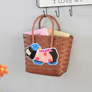 Handmade Woven Plastic Tote Bag For Women Kids Cartoon Dog Patch Decor Straw Style Summer Beach Picnic Storage Handbag