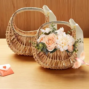 Pastoral Handmade Woven Willow Flower Basket With Ribbon Bow For Wedding Flower Girl Gift Basket Home Decoration Accessories