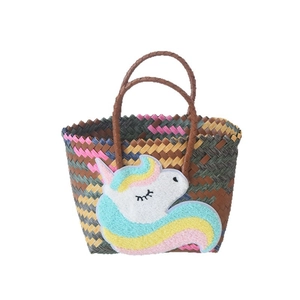 Handmade woven tote bag with colorful unicorn embroidery for kids and casual outings