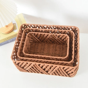 Three-piece nesting set of faux woven storage baskets in coffee-colored rectangular design