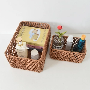 Handcrafted woven storage basket set in dark brown for desktop snacks and keys organization