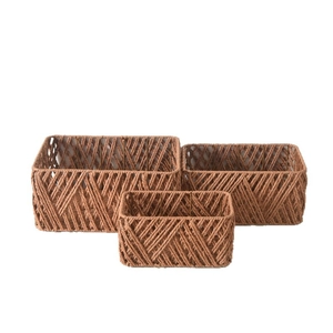 Three-piece set of woven storage baskets in dark brown finish for desktop organization