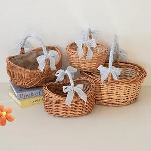 Handwoven Wicker Picnic Basket With Gingham Ribbon Bow Natural Willow Storage Basket For Fruit Vegetable Photography Prop