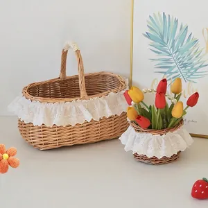 Handmade Woven Willow Basket With White Lace Border Artificial Pearl Handle Rustic Picnic Flower Storage Basket For Home Party Decor