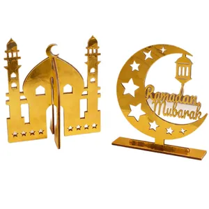 Golden Ramadan Mubarak crescent moon and mosque tabletop decorations for party decor