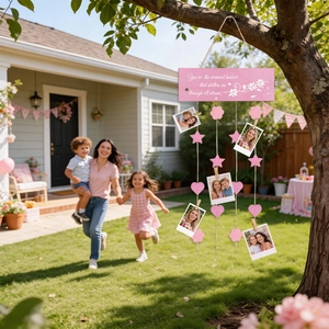 Pink wooden Mother's Day photo hanging display with heart stars and warm quotes
