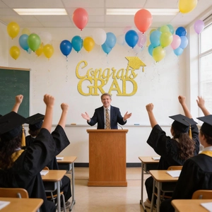 Glittery Congrats GRAD banner with graduation cap for festive wall decoration