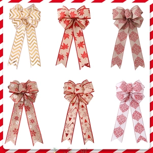Set of 6 Christmas burlap bows with assorted patterns including snowflakes and reindeer