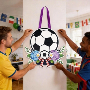 Soccer party decoration featuring a football wooden sign with sunflowers and hydrangea flowers