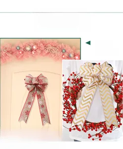 Close-up of snowflake linen and chevron ribbons on Christmas wreath and door hanging