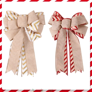 Close-up of handmade double-layered Christmas bows with chevron and striped edge details