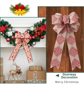 Detail of Christmas tree bows in rustic linen fabric with reindeer and vine patterns