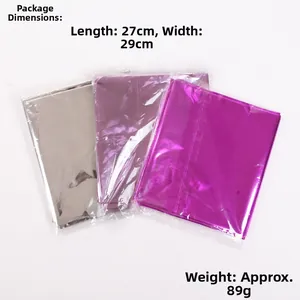Detailed view of silver purple and rose gold metallic PET tablecloths in packaging