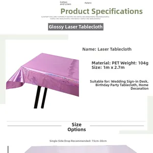 Detailed specs of purple laser PET tablecloth 1M*2.7M for birthday party decor