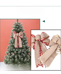 Detail of red and gold striped burlap Christmas bows for festive tree decoration