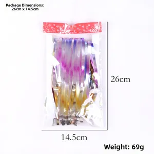 Irridescent foil curtain packaging details showing dimensions 14.5x26cm and weight 69g