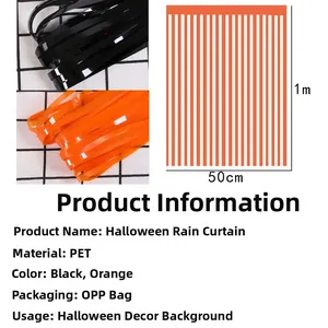 Detail of PET tinsel foil fringe curtain in orange and black for Halloween backdrop