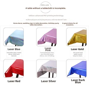 Close-up of waterproof laser PET tablecloth showing metallic texture in six vibrant colors