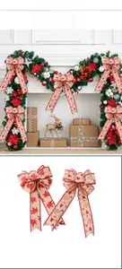 Detail of Christmas tree bows with festive reindeer and maple leaf patterns on rustic linen fabric