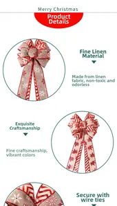 Close-up of burlap Christmas bow featuring red snowflake patterns and metallic wire ties