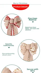 Detail of burlap Christmas bow with red stripes and wire tie for tree decoration