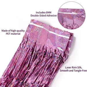 Rideau de franges holographique laser violet pour décor de fête d'anniversaire et mariage