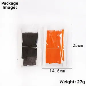 Detailed view of Halloween black and orange tinsel fringe curtain packaging and dimensions