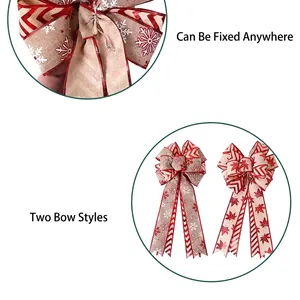 Large double-layered Christmas burlap bows with snowflake and maple leaf holiday patterns