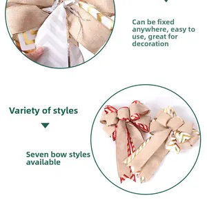 Detail of seven burlap Christmas bows with gold and red geometric wave patterns
