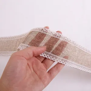 Linen decorative ribbon with white lace edges on both sides for Christmas gift wrapping