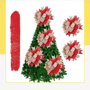 Detail of rustic burlap and red ribbon Christmas bows with white polka dots for tree decor