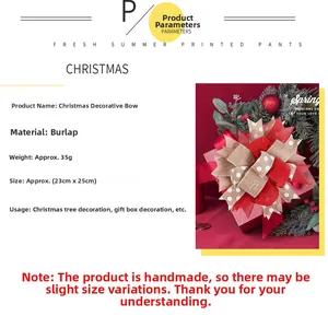 Macro view of Christmas burlap bow decoration with red polka dot ribbon for festive trees