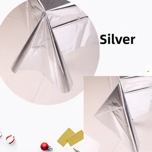 Close-up of metallic silver foil tablecloth showing reflective texture and drape for parties