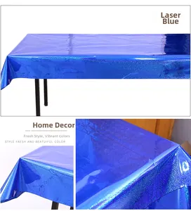 Detail of laser blue PET tablecloth with vibrant holographic reflections for party events