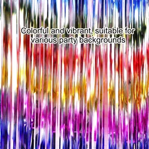 Rainbow gradient foil fringe curtain with metallic shine for birthday party backdrop decoration