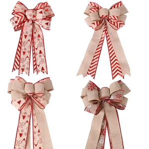 Large Christmas Tree Topper Bow Double Layer Burlap Ribbon Reindeer Snowflake Printed Ornament For Holiday Party Home Decor