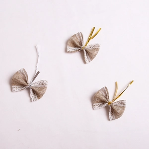 Set of 3 rustic burlap and white lace mini bows for Christmas gift and DIY decoration