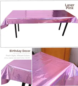 Detail of laser pink PET tablecloth with glossy metallic finish for party decoration