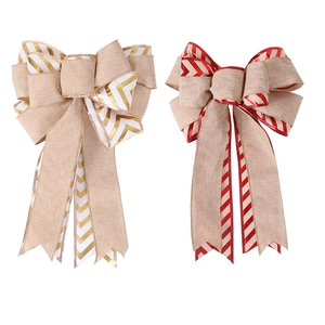 Set of two festive layered Christmas bows in red and gold herringbone linen fabric