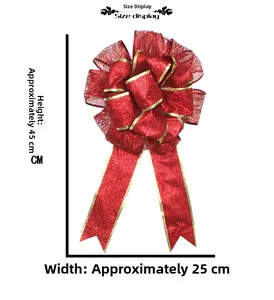 Detailed size view of red glitter Christmas bow with gold edges, 45cm high and 25cm wide