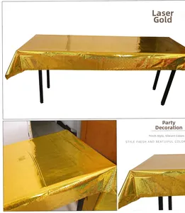 Macro detail of laser gold holographic PET tablecloth with metallic glossy finish