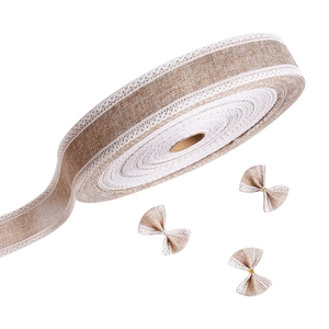 Natural jute burlap ribbon with white lace trim and handmade decorative bows for DIY