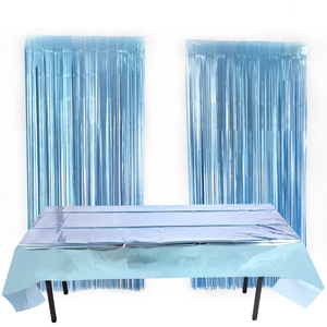 Metallic light blue PET party tablecloth set with matching fringe curtains on white background