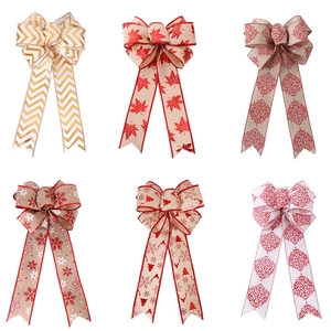 Large Christmas Ribbon Bow For Xmas Tree Wall Door Hanging Decoration Snowflake Maple Pattern Burlap Style Festive Bow
