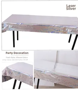 Detail of silver laser disposable tablecloth showing shiny iridescent metallic reflection