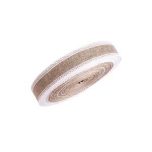 Rustic jute ribbon roll with white lace edges for DIY crafts and gift wrapping