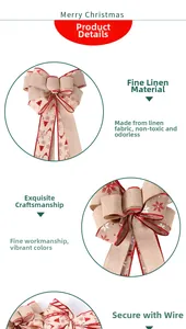 Detail of Christmas burlap tree topper bow showing festive reindeer and snowflake patterns