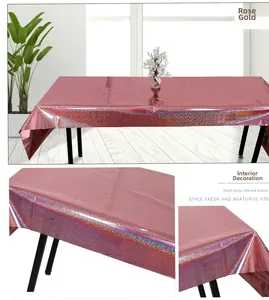 Detail of rose gold holographic laser PET tablecloth showing glossy reflective surface