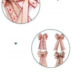 Detail of Christmas tree topper bows featuring burlap texture and festive holiday patterns